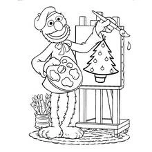 Coloriage Sesame street monstre peignant un sapin de Noël