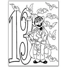 Coloriage Le Comte avec le nombre 13 et des chauves-souris