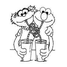 Coloriage Elmo et Rosita buvant avec une paille torsadée