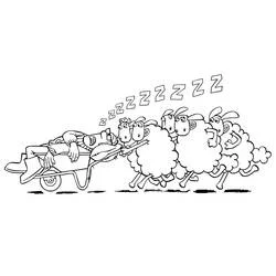 Coloriage Shaun le Mouton poussant une brouette avec le fermier endormi