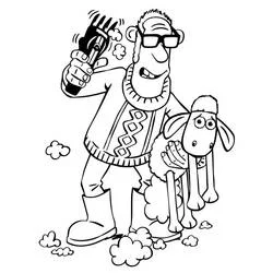 Coloriage Shaun le Mouton avec le fermier tenant une tondeuse électrique