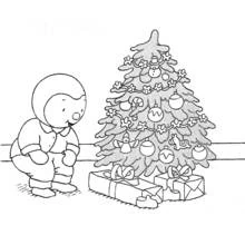 Coloriage T'choupi devant le sapin de Noël
