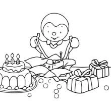Coloriage T'choupi fêtant son anniversaire avec gâteau et cadeaux