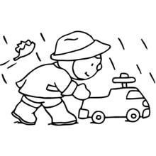Coloriage T'choupi jouant avec sa voiture sous la pluie