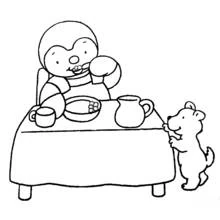 Coloriage T'choupi mangeant à table avec Doudou