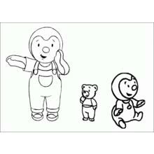Coloriage T'choupi debout avec Doudou et un ours en peluche