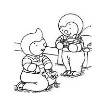 Coloriage T'choupi jouant avec un camion jouet et un ami