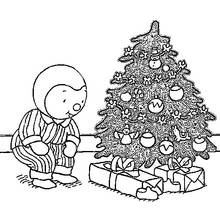 Coloriage T'choupi trouve ses cadeaux au pied du sapin
