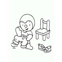 Coloriage T'choupi qui s'habille près d'une petite chaise