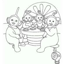Coloriage Télétubbies réunis autour de la table Coloriage Télétubbies réunis autour de la table