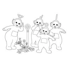 Coloriage Télétubbies réunis près des fleurs et du poteau haut-parleur Coloriage Télétubbies réunis près des fleurs et du poteau haut-parleur