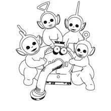 Coloriage Télétubbies réunis autour de Nou-Nou Coloriage Télétubbies réunis autour de Nou-Nou