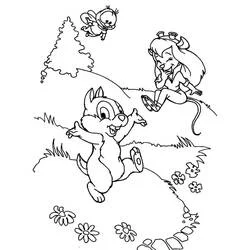 Coloriage Tic et Tac jouant avec Gadget dans une prairie