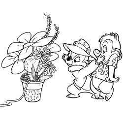 Coloriage Tic et Tac près d'un grand pot de fleurs