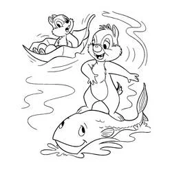 Coloriage Tic et Tac glissant sur un gros poisson