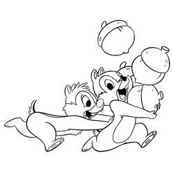 Coloriage Tic et Tac courant sous des glands qui tombent