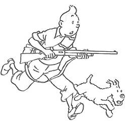 Coloriage Tintin courant avec un fusil aux côtés de Milou