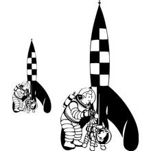 Coloriage Tintin et Milou devant la fusée à damier