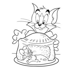 Coloriage Tom observant Jerry caché dans une tarte géante