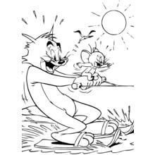Coloriage Tom et Jerry font du ski nautique au soleil