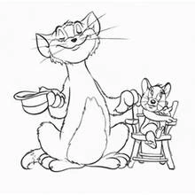 Coloriage Tom tenant une tasse avec Jerry sur une chaise haute