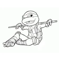 Coloriage Tortue Ninja assise avec un bâton bo