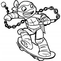 Coloriage Michelangelo en skateboard avec ses nunchakus