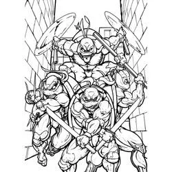 Coloriage Quatre Tortues Ninja chargeant dans une ruelle étroite