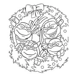 Coloriage Têtes de Tortues Ninja au centre d'une couronne festive