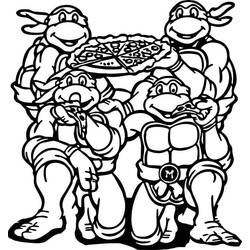 Coloriage Tortue Ninja en groupe autour d'une pizza
