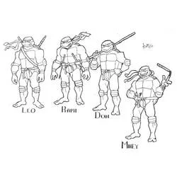 Coloriage Tortue Ninja quatuor debout avec leurs armes