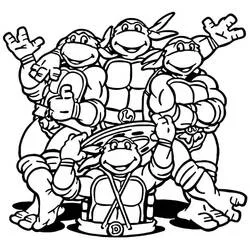 Coloriage Tortue Ninja groupe posant joyeusement ensemble