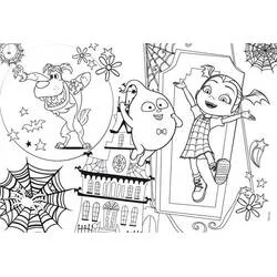 Coloriage Vampirina en train de sauter près de la maison hantée