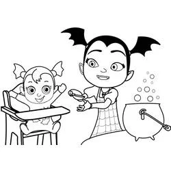 Coloriage Vampirina donnant à manger à un bébé vampire