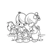 Coloriage Garçon et fille lisant ensemble sur un banc