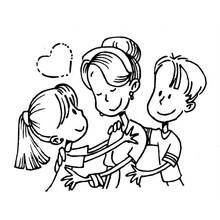 Coloriage Maman enlacée par ses deux enfants