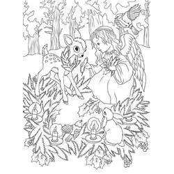 Coloriage Ange de Noël avec animaux de la forêt