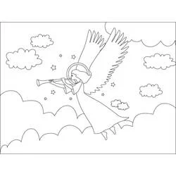 Coloriage Ange de Noël jouant de la trompette dans le ciel