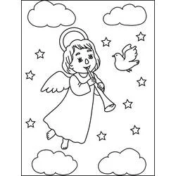 Coloriage Ange de Noël jouant de la trompette parmi les nuages