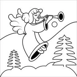 Coloriage Ange de Noël jouant de la trompette au-dessus d'une colline enneigée