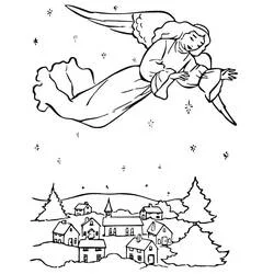 Coloriage Ange de Noël volant au-dessus d'un village enneigé
