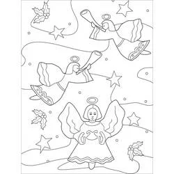 Coloriage Ange de Noël trio jouant de la trompette parmi les étoiles
