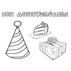 Coloriage Anniversaire avec chapeau, gâteau et cadeau