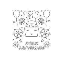 Coloriage Anniversaire avec gâteau, ballons et fleurs