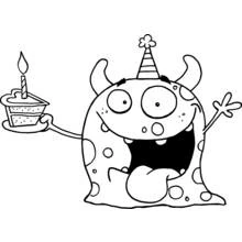 Coloriage Monstre tenant une part de gâteau d'anniversaire