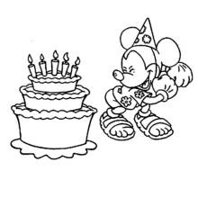 Coloriage Mickey Mouse près d'un gâteau d'anniversaire