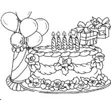Coloriage Gâteau d'anniversaire avec bougies, ballons et cadeaux