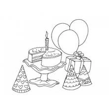 Coloriage Gâteau d'anniversaire avec ballons et chapeaux de fête Coloriage Gâteau d'anniversaire avec ballons et chapeaux de fête