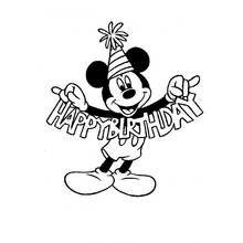 Coloriage Mickey Mouse tenant une banderole Happy Birthday