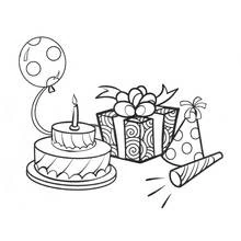 Coloriage Gâteau d'anniversaire, cadeau, ballon et chapeau de fête